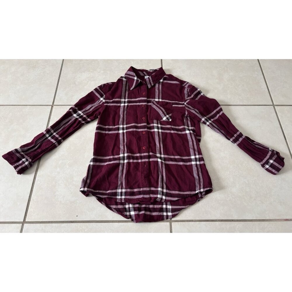 Justice Girl's Burgundy White Plaid Long Sleeve Soft Button Up Shirt Sz 12 - Picture 2 of 5
